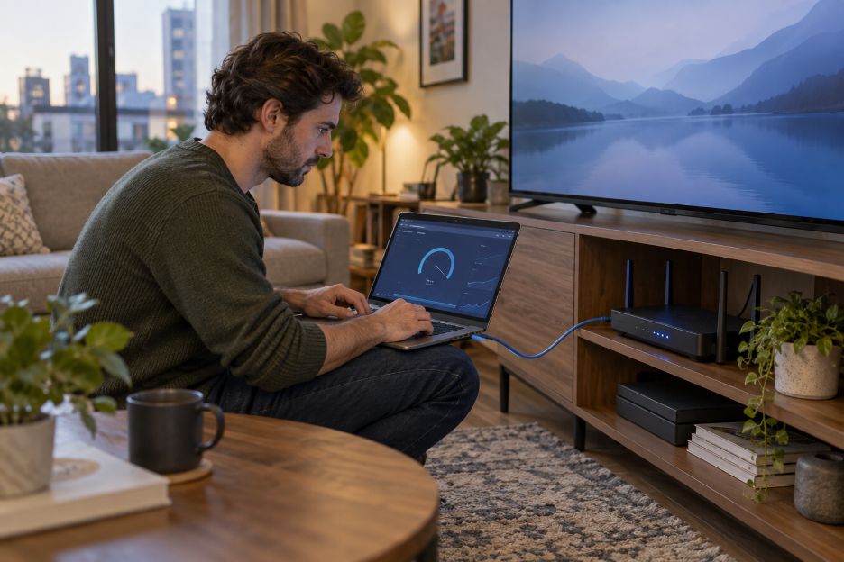 testing a home network beside a television